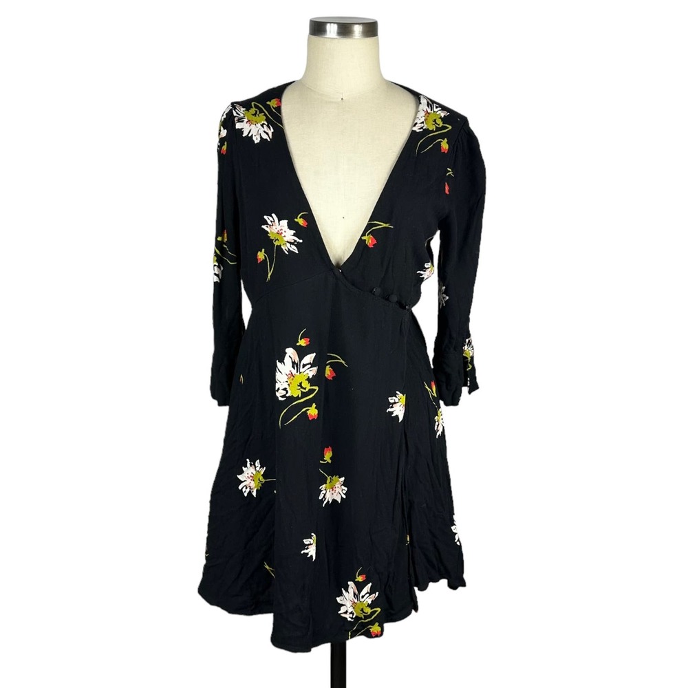 FREE PEOPLE Time On My Side Floral Black Wrap Mini Dress Women's Size Medium